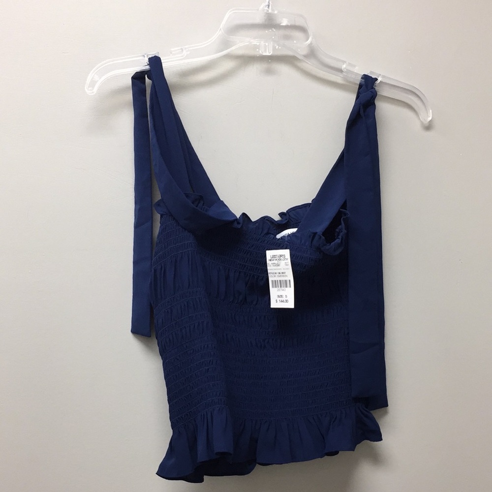 Amanda Uprichard Ruched Tie Shoulder Top Navy